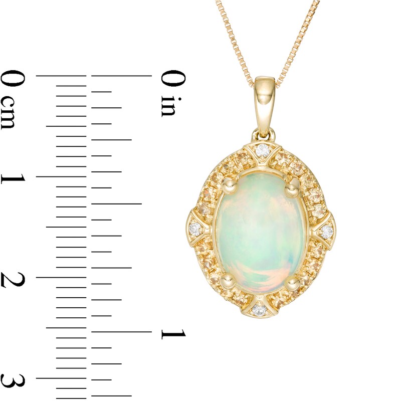 Captivating Color Oval Opal, Spessartite and Diamond Accent Frame Drop Pendant in 14K Gold