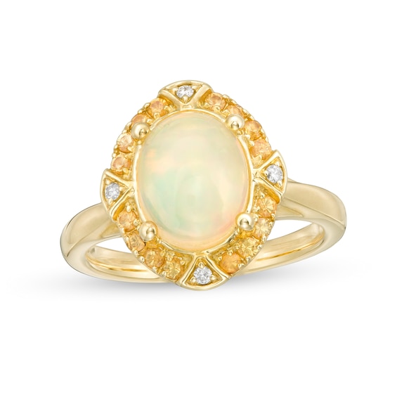 Captivating Color Oval Opal, Spessartite and Diamond Accent Frame Ring in 14K Gold