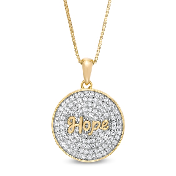 Lab-Created White Sapphire and Cursive "Hope" Medallion Pendant in Sterling Silver with 10K Gold Plate