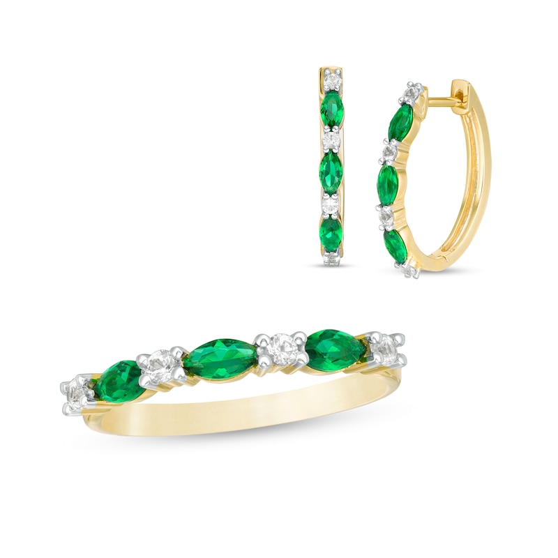 Main Image 1 of Marquise Lab-Created Emerald and White Sapphire Earrings and Ring Set in Sterling Silver with 14K Gold Plate - Size 7