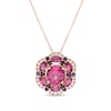 Thumbnail Image 1 of Captivating Color Rhodolite Garnet, Garnet, Blue Sapphire and 1/8 CT. T.W. Diamond Frame Flower Pendant in 14K Rose Gold