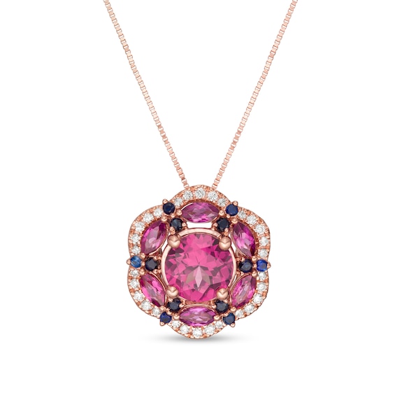 Captivating Color Rhodolite Garnet, Garnet, Blue Sapphire and 1/8 CT. T.w. Diamond Frame Flower Pendant in 14K Rose Gold