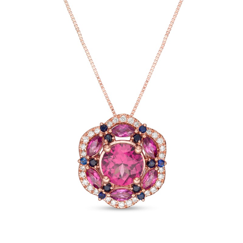 Main Image 1 of Captivating Color Rhodolite Garnet, Garnet, Blue Sapphire and 1/8 CT. T.W. Diamond Frame Flower Pendant in 14K Rose Gold