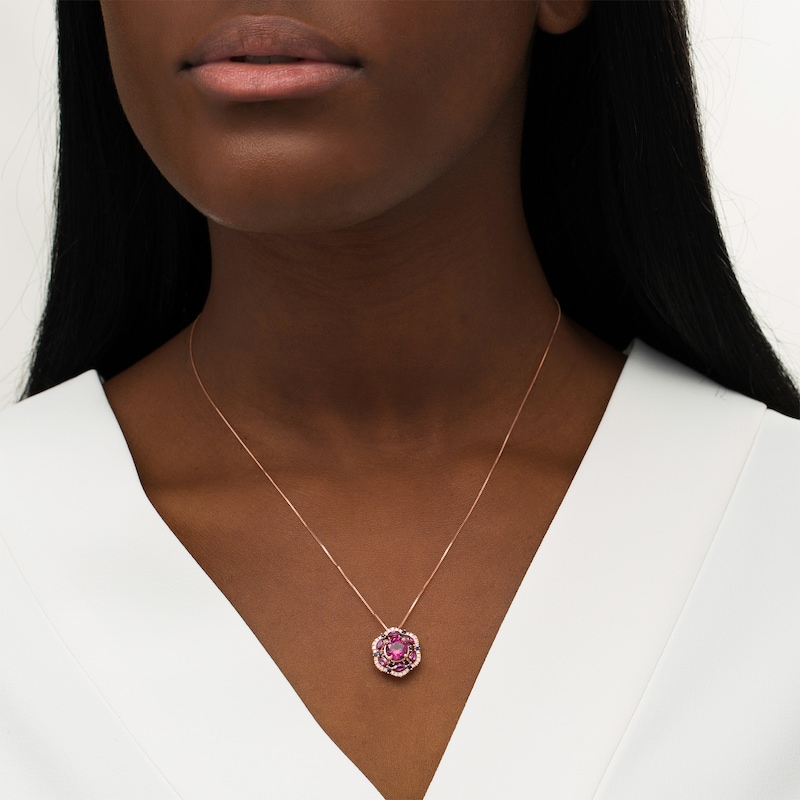 Main Image 2 of Captivating Color Rhodolite Garnet, Garnet, Blue Sapphire and 1/8 CT. T.W. Diamond Frame Flower Pendant in 14K Rose Gold