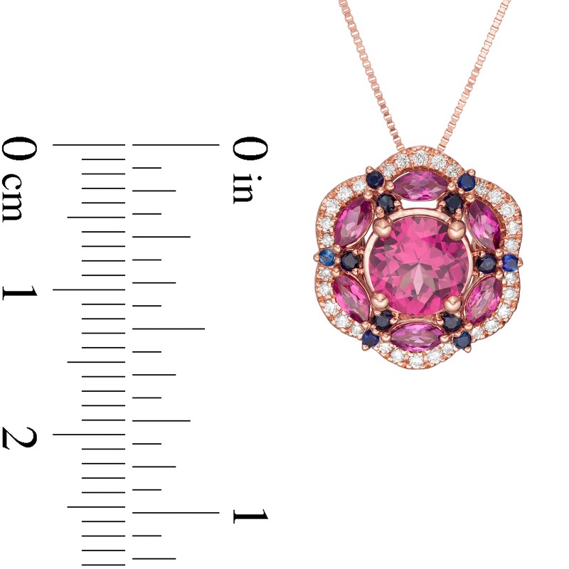 Main Image 4 of Captivating Color Rhodolite Garnet, Garnet, Blue Sapphire and 1/8 CT. T.W. Diamond Frame Flower Pendant in 14K Rose Gold