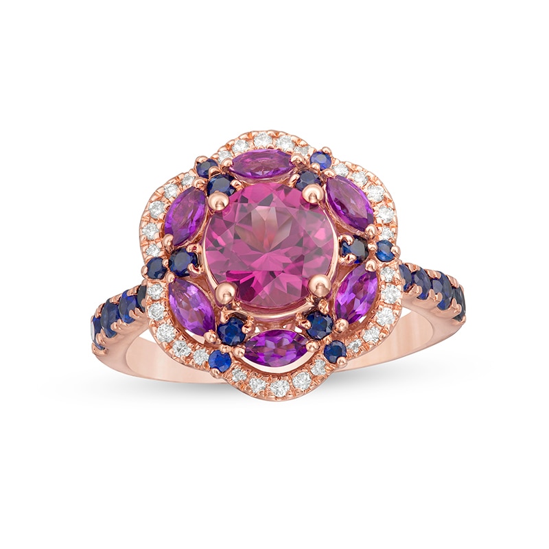 Main Image 1 of Captivating Color Rhodolite Garnet, Garnet, Blue Sapphire and 1/8 CT. T.W. Diamond Frame Flower Ring in 14K Rose Gold