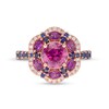 Thumbnail Image 4 of Captivating Color Rhodolite Garnet, Garnet, Blue Sapphire and 1/8 CT. T.W. Diamond Frame Flower Ring in 14K Rose Gold