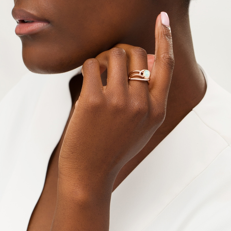Main Image 2 of Oval Opal and 1/6 CT. T.W. Diamond Bypass Swirl Frame Triple Row Split Shank Ring in 10K Rose Gold