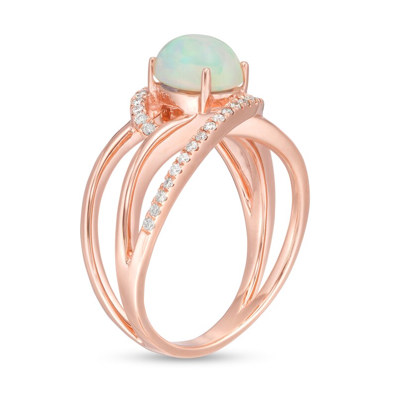 Oval Opal and 1/6 CT. T.W. Diamond Bypass Swirl Frame Triple Row Split Shank Ring in 10K Rose Gold