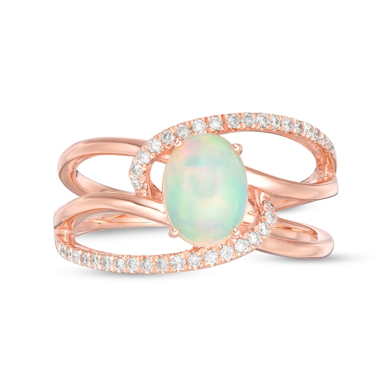 Main Image 4 of Oval Opal and 1/6 CT. T.W. Diamond Bypass Swirl Frame Triple Row Split Shank Ring in 10K Rose Gold