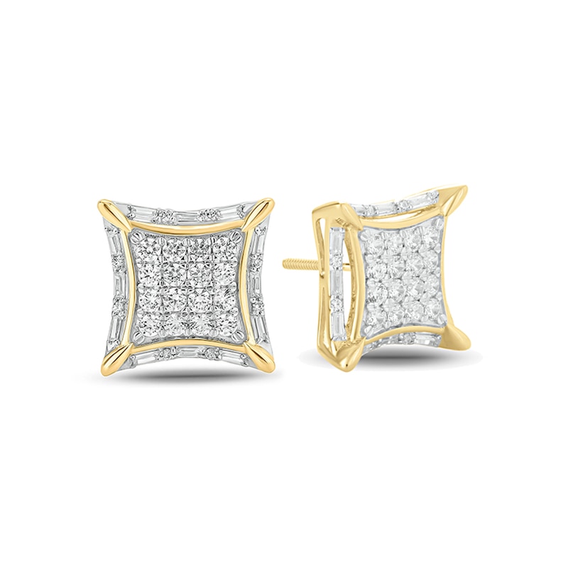 Men's 1 CT. T.W. Baguette and Round Composite Diamond Concave Square Stud Earrings in 10K Gold