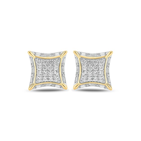 1 CT. T.w. Baguette and Round Composite Diamond Concave Square Stud Earrings in 10K Gold