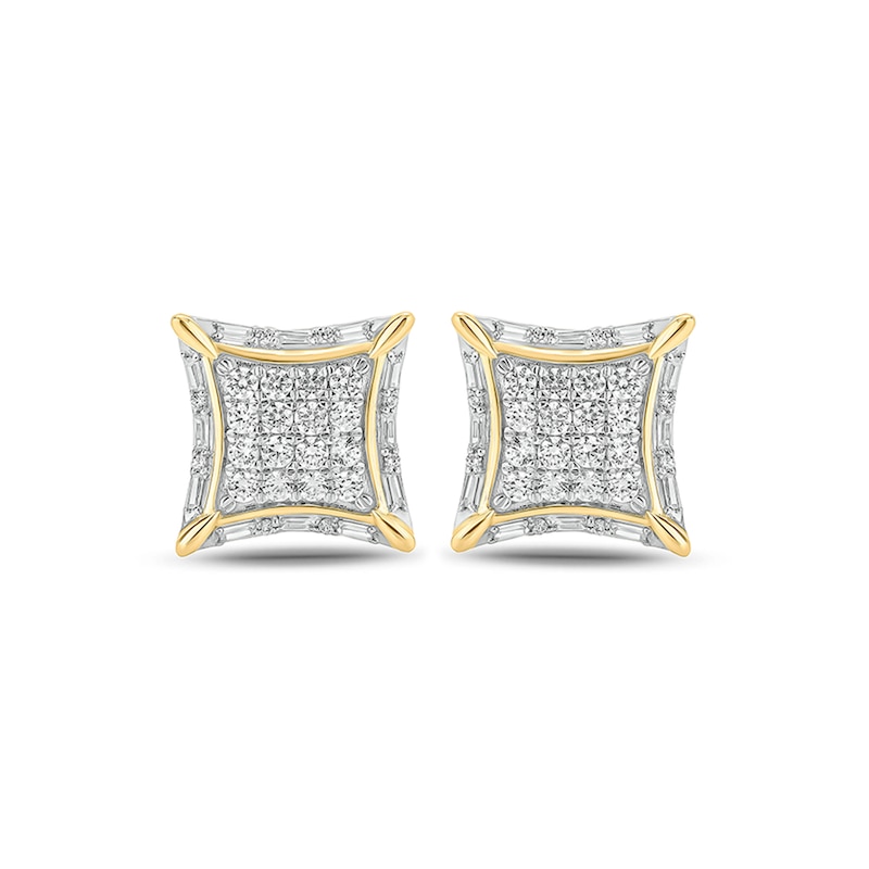 Main Image 2 of 1 CT. T.W. Baguette and Round Composite Diamond Concave Square Stud Earrings in 10K Gold