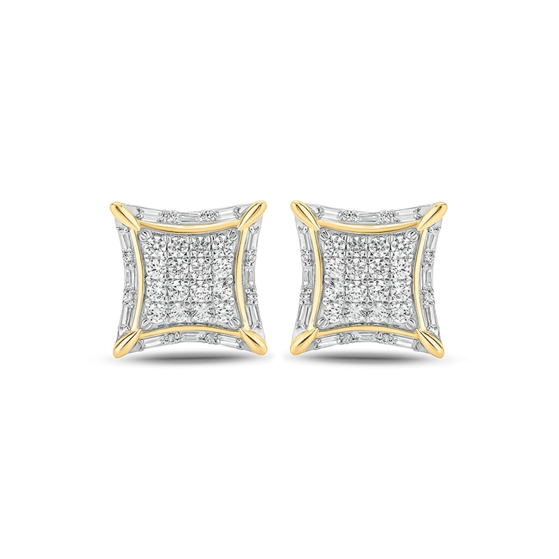 Men's 1 CT. T.W. Baguette and Round Composite Diamond Concave Square Stud Earrings in 10K Gold