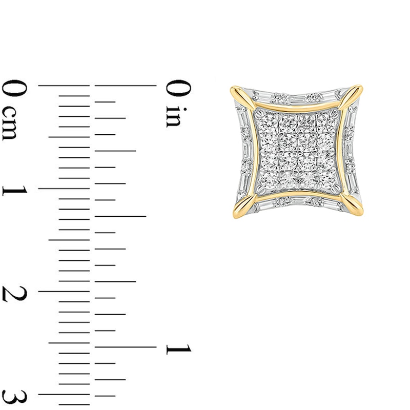 Men's 1 CT. T.W. Baguette and Round Composite Diamond Concave Square Stud Earrings in 10K Gold