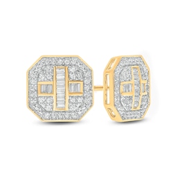 1/3 CT. T.W. Baguette and Round Composite Diamond Octagonal Frame Cross Stud Earrings in 10K Gold