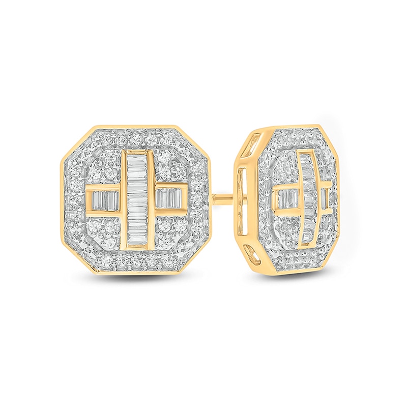 Main Image 1 of 1/3 CT. T.W. Baguette and Round Composite Diamond Octagonal Frame Cross Stud Earrings in 10K Gold