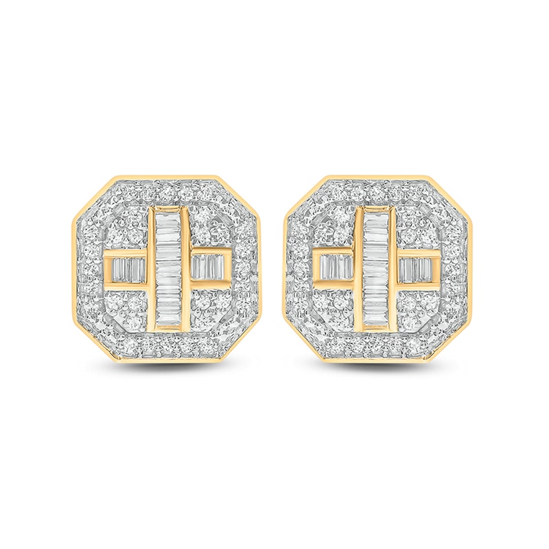 Main Image 2 of 1/3 CT. T.W. Baguette and Round Composite Diamond Octagonal Frame Cross Stud Earrings in 10K Gold