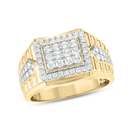 1 CT. T.W. Composite Diamond Frame Rectangle-Top Pointed Double Row Ribbed Shank Ring in 10K Gold