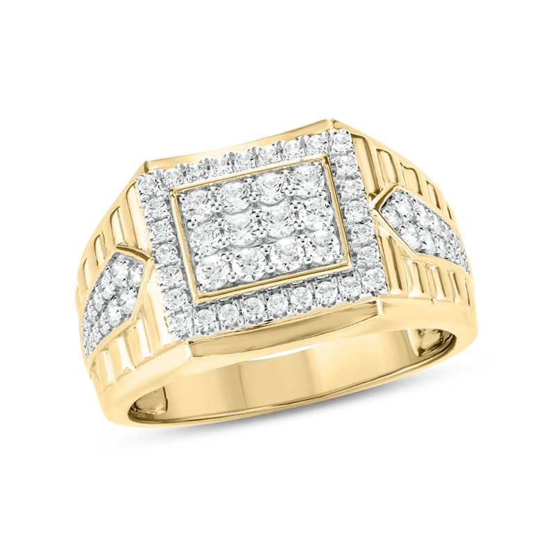 Men's 1 CT. T.W. Composite Diamond Frame Rectangle-Top Pointed Double Row Ribbed Shank Ring in 10K Gold