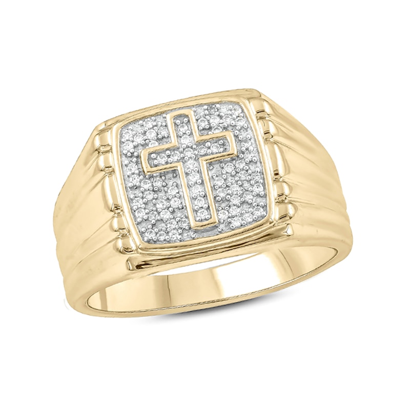 Men's 1/6 CT. T.W. Composite Diamond Square Cross Ribbed Shank Ring in Sterling Silver with 14K Gold Plate