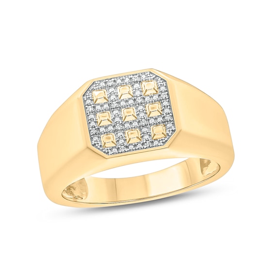 Diamond Accent Grid Pattern Octagonal Signet Ring in Sterling Silver with 14K Gold Plate