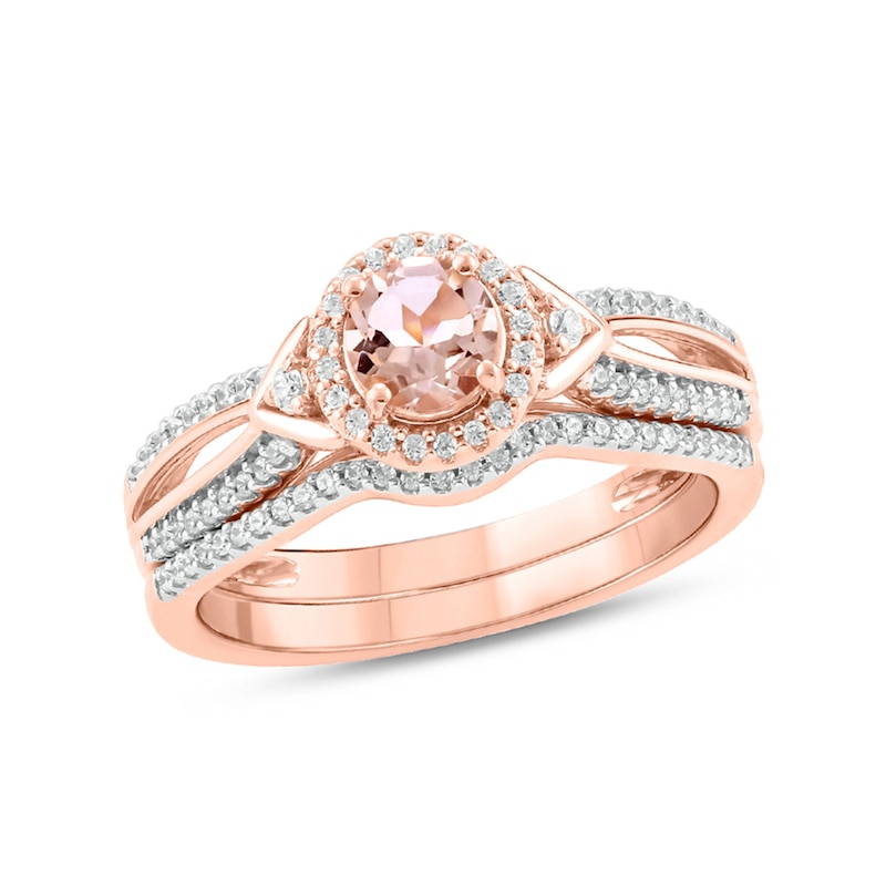 Main Image 1 of 5.0mm Morganite and 1/4 CT. T.W. Diamond Frame Chevron-Sides Split Shank Bridal Set in 10K Rose Gold