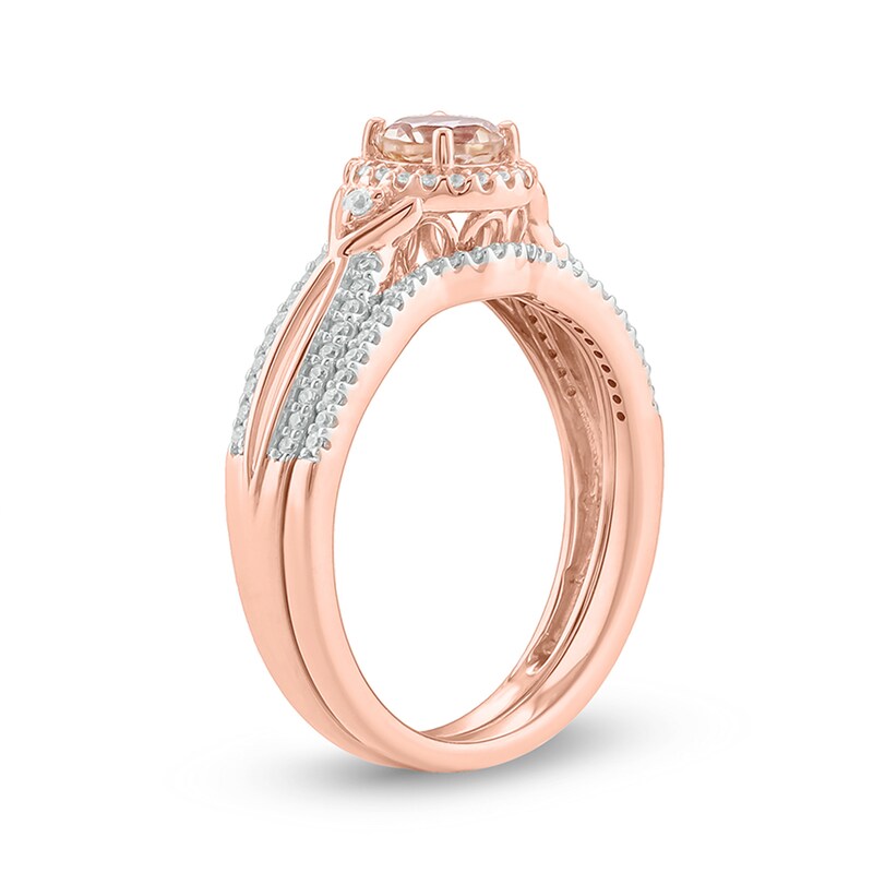 5.0mm Morganite and 1/4 CT. T.W. Diamond Frame Chevron-Sides Split Shank Bridal Set in 10K Rose Gold