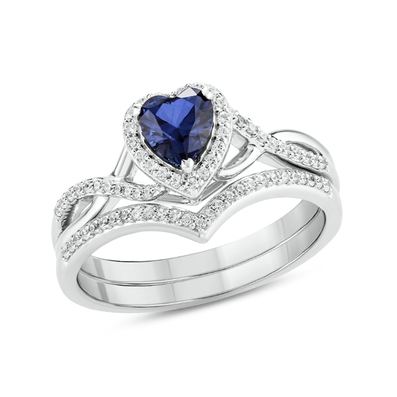 Main Image 1 of 5.0mm Heart-Shaped Blue Lab-Created Sapphire and 1/8 CT. T.W. Diamond Frame Twist Shank Bridal Set in Sterling Silver