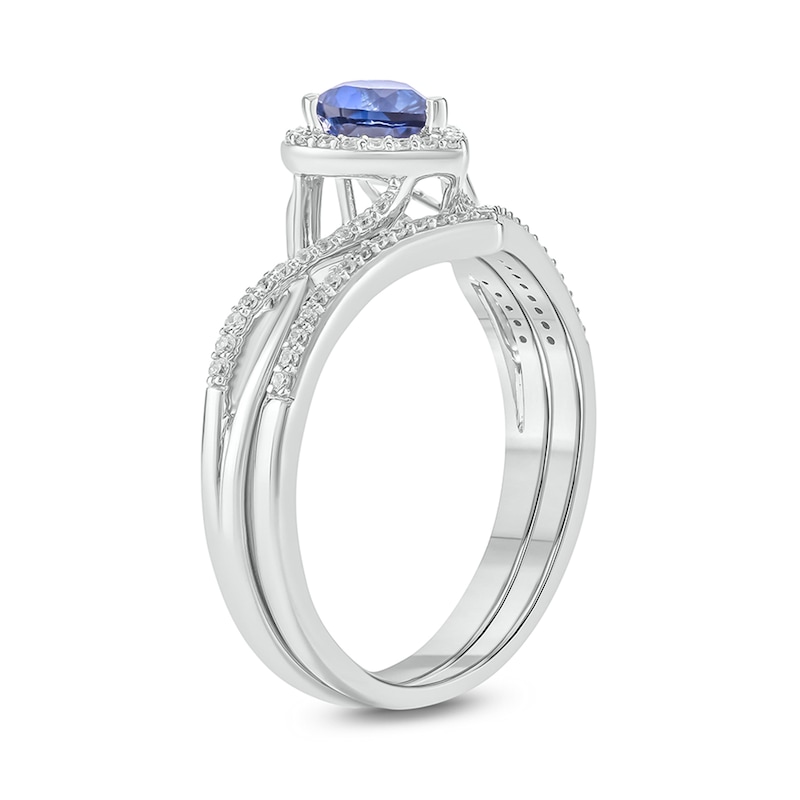 Main Image 2 of 5.0mm Heart-Shaped Blue Lab-Created Sapphire and 1/8 CT. T.W. Diamond Frame Twist Shank Bridal Set in Sterling Silver