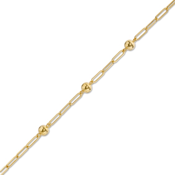 Triple Bead Station Paper Clip Link Chain Bracelet in 10K Gold - 7.5"