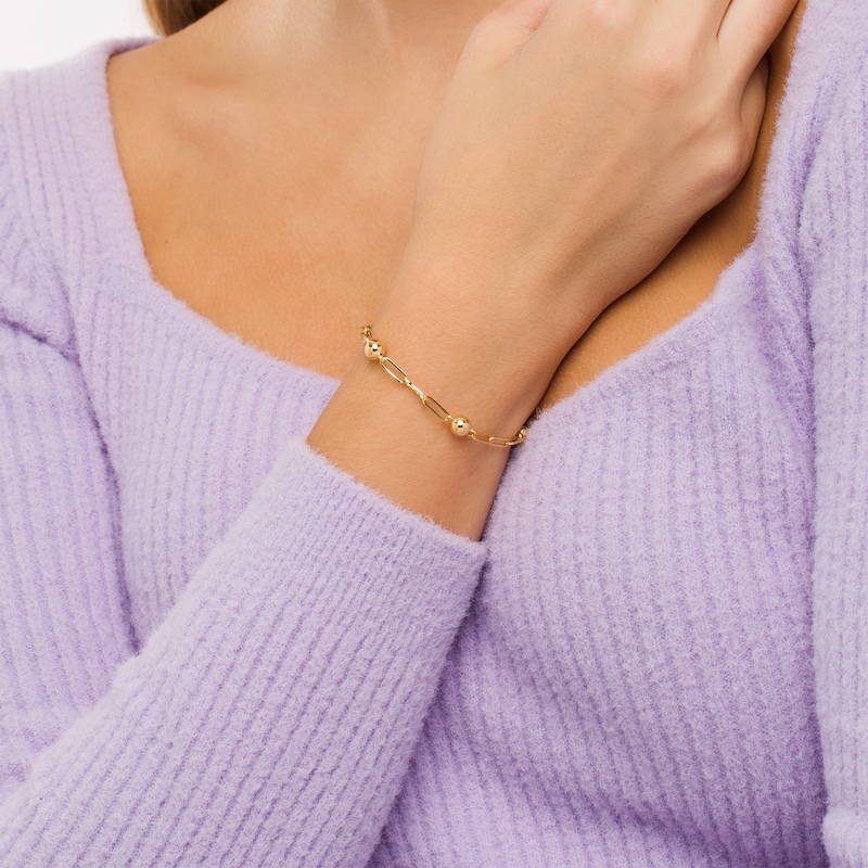 Main Image 2 of Triple Bead Station Paper Clip Link Chain Bracelet in 10K Gold - 7.5"