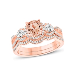 6.0mm Morganite, White Topaz and 1/3 CT. T.W. Diamond Frame Three Stone Bridal Set in 10K Rose Gold