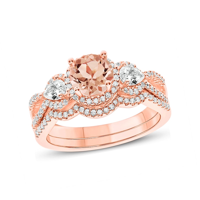 6.0mm Morganite, White Topaz and 1/3 CT. T.W. Diamond Frame Three Stone Bridal Set in 10K Rose Gold