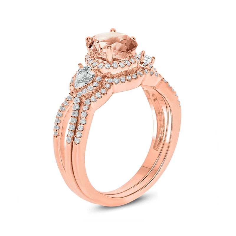 6.0mm Morganite, White Topaz and 1/3 CT. T.W. Diamond Frame Three Stone Bridal Set in 10K Rose Gold