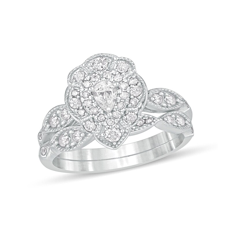 Main Image 1 of 5/8 CT. T.W. Pear-Shaped Diamond Double Petal Frame Vintage-Style Bridal Set in 10K White Gold