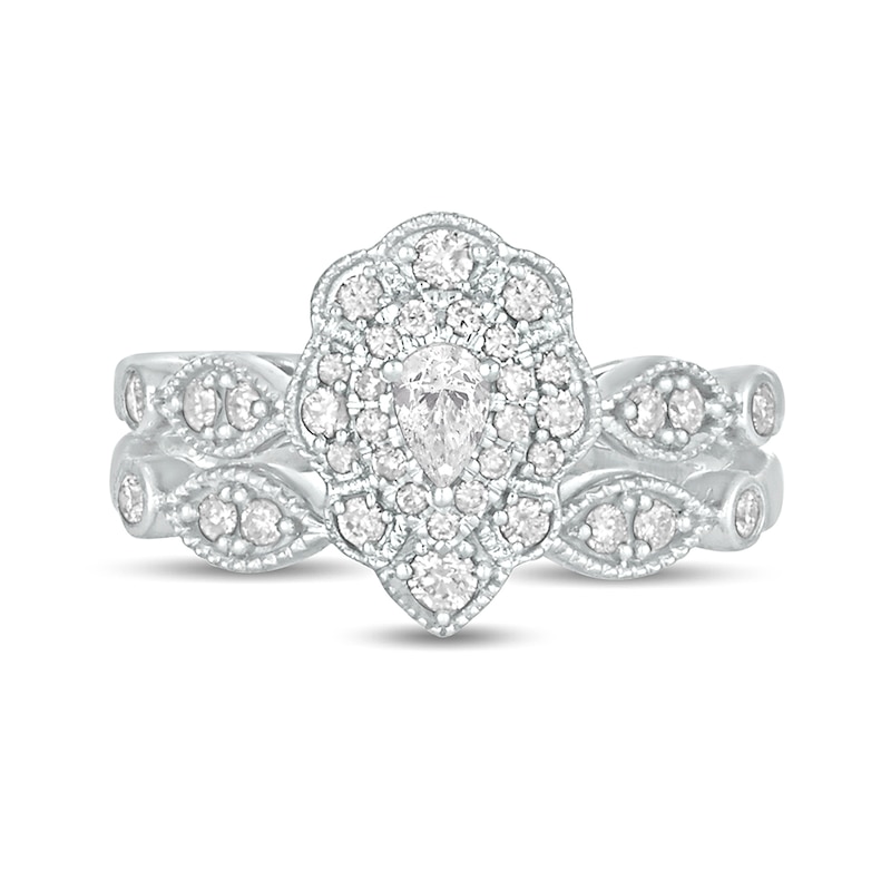 Main Image 3 of 5/8 CT. T.W. Pear-Shaped Diamond Double Petal Frame Vintage-Style Bridal Set in 10K White Gold