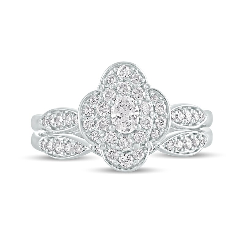 5/8 CT. T.W. Oval Diamond Quatrefoil Frame Art Deco Bridal Set in 10K White Gold