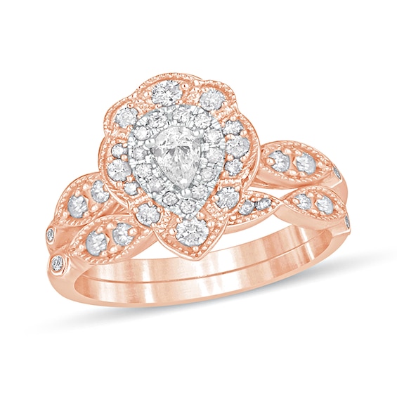 5/8 CT. T.w. Pear-Shaped Diamond Double Petal Frame Vintage-Style Bridal Set in 10K Rose Gold
