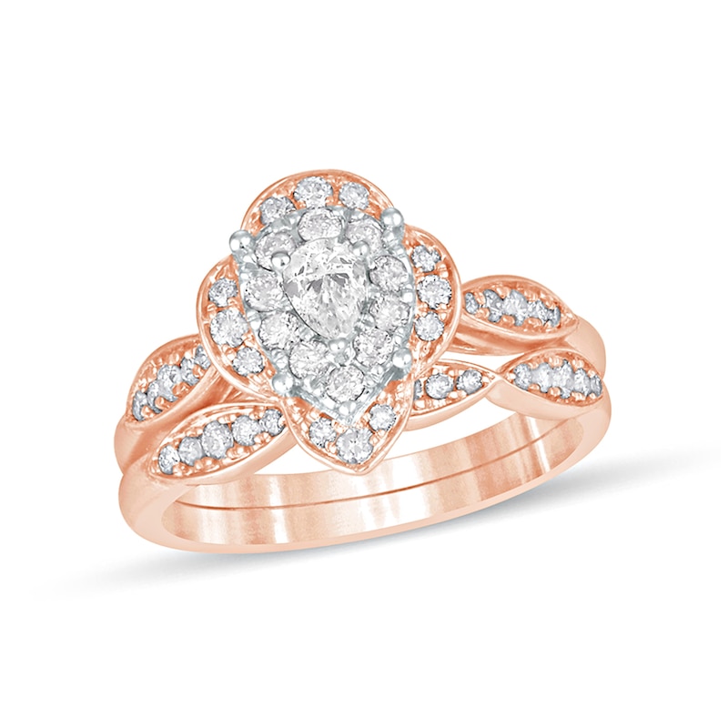 5/8 CT. T.W. Pear-Shaped Diamond Quatrefoil Frame Art Deco Bridal Set in 10K Rose Gold