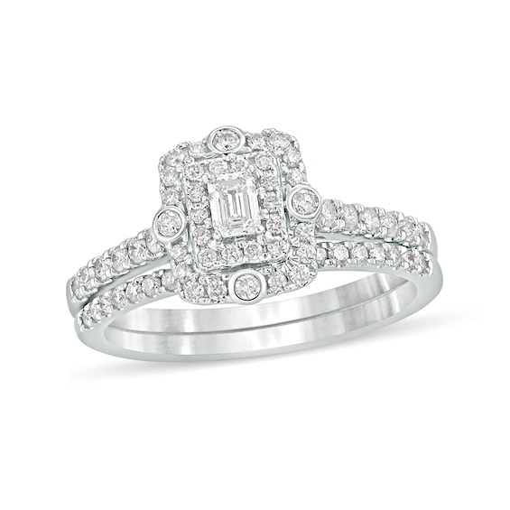 5/8 CT. T.w. Emerald-Cut Double Diamond Frame Bridal Set in 10K White Gold
