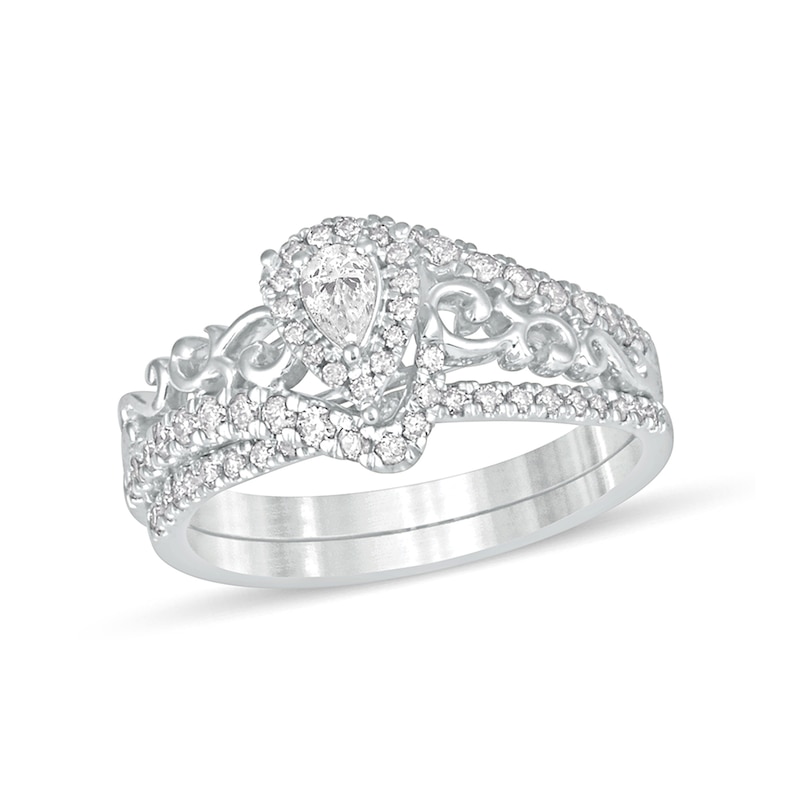 Main Image 1 of 5/8 CT. T.W. Pear-Shaped Diamond Frame Filigree Bypass Bridal Set in 10K White Gold
