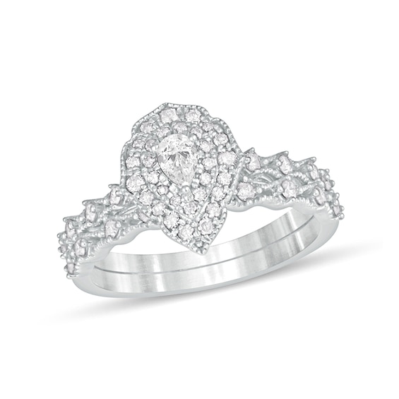 5/8 CT. T.w. Pear-Shaped Diamond Double Frame Vintage-Style Bridal Set in 10K White Gold