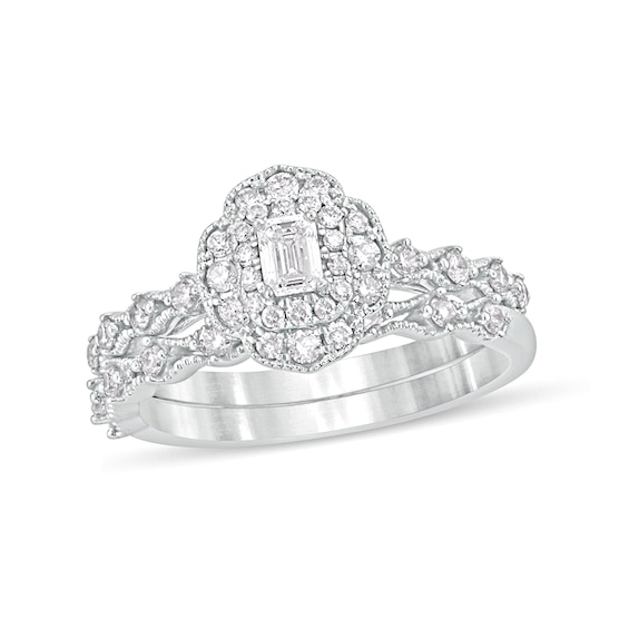 5/8 CT. T.w. Emerald-Cut Diamond Frame Vintage-Style Bridal Set in 10K White Gold