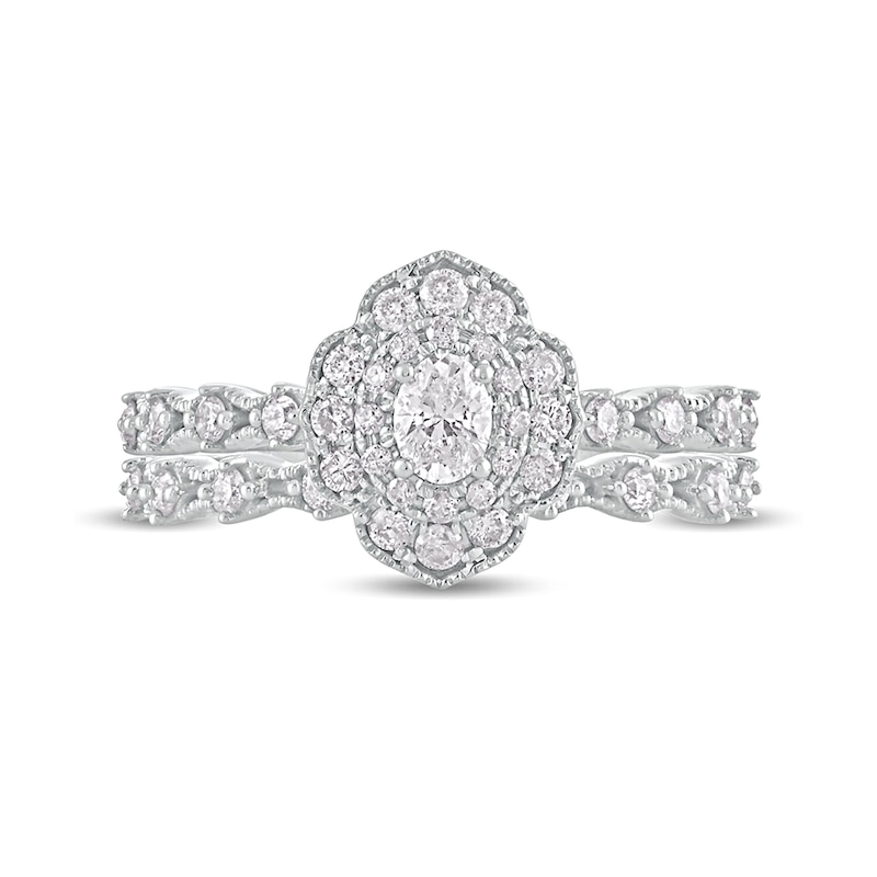 Main Image 3 of 5/8 CT. T.W. Oval Diamond Frame Vintage-Style Bridal Set in 10K White Gold
