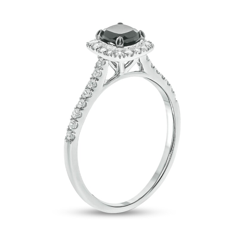 Main Image 2 of 5.0mm Cushion-Cut Black Lab-Created Sapphire and 1/3 CT. T.W. Diamond Frame Ring in 10K White Gold