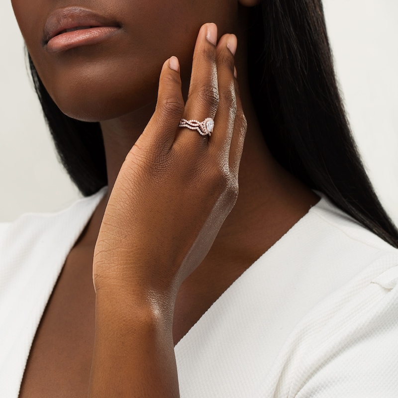 Main Image 2 of 1 CT. T.W. Pear-Shaped Diamond Frame Twist Split Shank Bridal Set in 14K Rose Gold