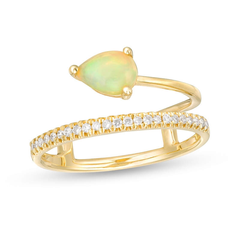 Pear-Shaped Opal and 1/10 CT. T.W. Diamond Double Row Wrap Ring in 10K Gold