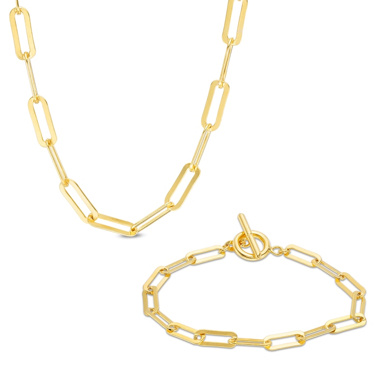 Main Image 1 of 4.7mm Paper Clip Link Chain Necklace and Bracelet Set in Solid Sterling Silver with 18K Gold Plate - 20"