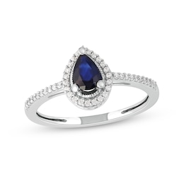 Pear-Shaped Blue Sapphire and 1/10 CT. T.W. Diamond Frame Vintage-Style Ring in 10K White Gold